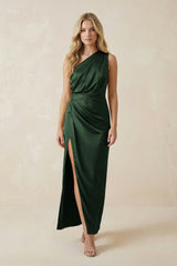 One - Shoulder Satin Ruched Sheath Bridesmaid Dress in Moss - KISS BRIDAL Bridesmaid Dresses