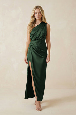 One - Shoulder Satin Ruched Sheath Bridesmaid Dress in Moss - KISS BRIDAL Bridesmaid Dresses