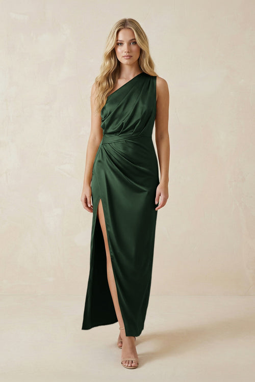 One - Shoulder Satin Ruched Sheath Bridesmaid Dress in Moss - KISS BRIDAL Bridesmaid Dresses