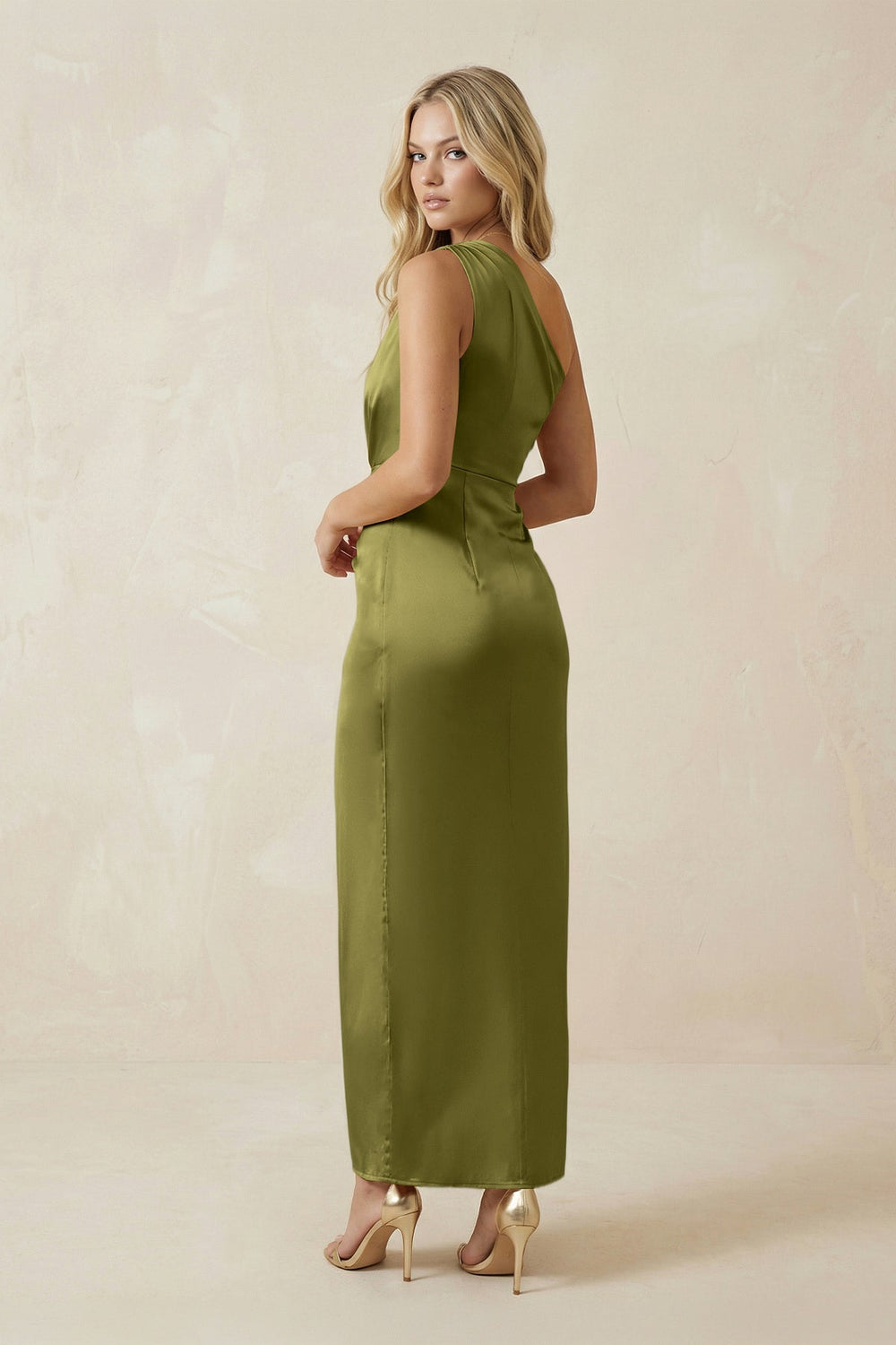 One - Shoulder Satin Ruched Sheath Bridesmaid Dress in Moss Green - KISS BRIDAL Bridesmaid Dresses