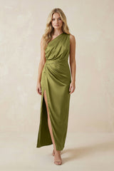 One - Shoulder Satin Ruched Sheath Bridesmaid Dress in Moss Green - KISS BRIDAL Bridesmaid Dresses