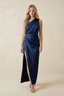One - Shoulder Satin Ruched Sheath Bridesmaid Dress in Navy - KISS BRIDAL Bridesmaid Dresses
