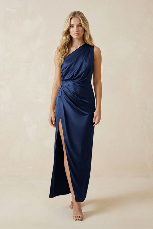 One - Shoulder Satin Ruched Sheath Bridesmaid Dress in Navy - KISS BRIDAL Bridesmaid Dresses