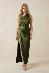 One - Shoulder Satin Ruched Sheath Bridesmaid Dress in Olive - KISS BRIDAL Bridesmaid Dresses