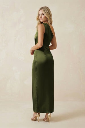 One - Shoulder Satin Ruched Sheath Bridesmaid Dress in Olive - KISS BRIDAL Bridesmaid Dresses