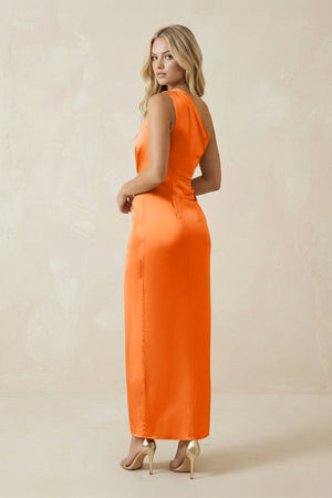 One - Shoulder Satin Ruched Sheath Bridesmaid Dress in Orange - KISS BRIDAL Bridesmaid Dresses