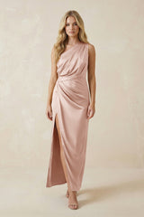 One - Shoulder Satin Ruched Sheath Bridesmaid Dress in Pale Blush - KISS BRIDAL Bridesmaid Dresses