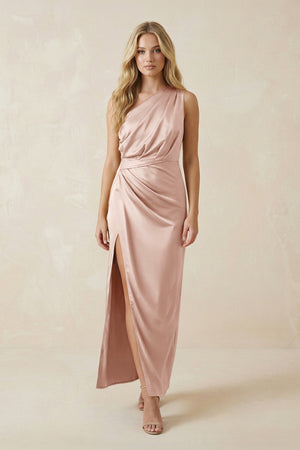 One - Shoulder Satin Ruched Sheath Bridesmaid Dress in Pale Blush - KISS BRIDAL Bridesmaid Dresses
