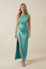 One - Shoulder Satin Ruched Sheath Bridesmaid Dress in Pale Pistachio - KISS BRIDAL Bridesmaid Dresses