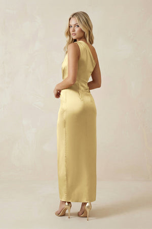 One - Shoulder Satin Ruched Sheath Bridesmaid Dress in Pastel Yellow - KISS BRIDAL Bridesmaid Dresses
