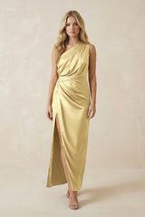 One - Shoulder Satin Ruched Sheath Bridesmaid Dress in Pastel Yellow - KISS BRIDAL Bridesmaid Dresses