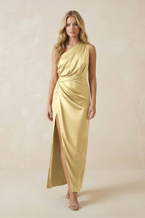 One - Shoulder Satin Ruched Sheath Bridesmaid Dress in Pastel Yellow - KISS BRIDAL Bridesmaid Dresses
