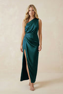 One - Shoulder Satin Ruched Sheath Bridesmaid Dress in Pine - KISS BRIDAL Bridesmaid Dresses