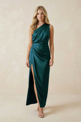 One - Shoulder Satin Ruched Sheath Bridesmaid Dress in Pine - KISS BRIDAL Bridesmaid Dresses