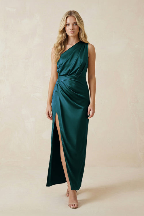 One - Shoulder Satin Ruched Sheath Bridesmaid Dress in Pine - KISS BRIDAL Bridesmaid Dresses