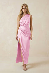 One - Shoulder Satin Ruched Sheath Bridesmaid Dress in Pink - KISS BRIDAL Bridesmaid Dresses