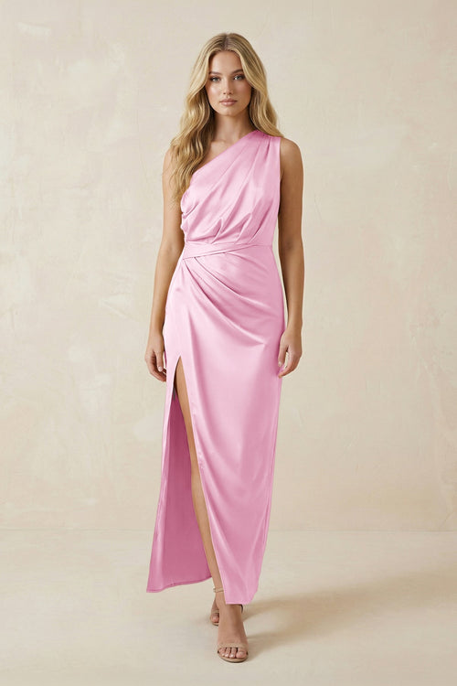 One - Shoulder Satin Ruched Sheath Bridesmaid Dress in Pink - KISS BRIDAL Bridesmaid Dresses