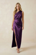 One - Shoulder Satin Ruched Sheath Bridesmaid Dress in Plum - KISS BRIDAL Bridesmaid Dresses