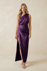 One - Shoulder Satin Ruched Sheath Bridesmaid Dress in Plum - KISS BRIDAL Bridesmaid Dresses