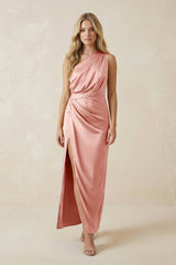 One - Shoulder Satin Ruched Sheath Bridesmaid Dress in Rose Petal - KISS BRIDAL Bridesmaid Dresses