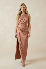 One - Shoulder Satin Ruched Sheath Bridesmaid Dress in Rosette - KISS BRIDAL Bridesmaid Dresses