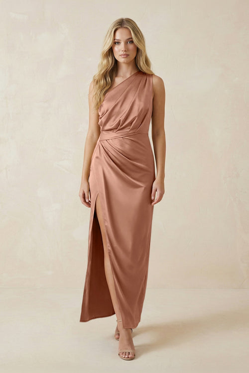 One - Shoulder Satin Ruched Sheath Bridesmaid Dress in Rosette - KISS BRIDAL Bridesmaid Dresses