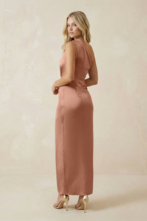 One - Shoulder Satin Ruched Sheath Bridesmaid Dress in Rosette - KISS BRIDAL Bridesmaid Dresses