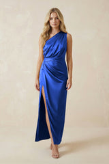 One - Shoulder Satin Ruched Sheath Bridesmaid Dress in Royal Blue - KISS BRIDAL Bridesmaid Dresses