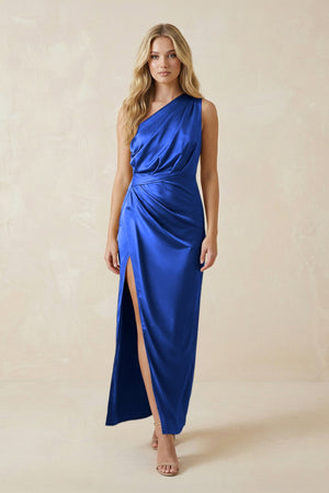 One - Shoulder Satin Ruched Sheath Bridesmaid Dress in Royal Blue - KISS BRIDAL Bridesmaid Dresses