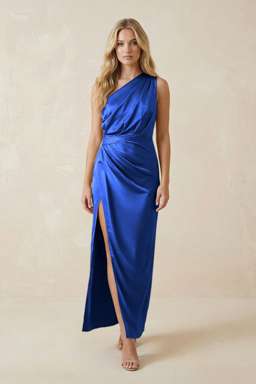 One - Shoulder Satin Ruched Sheath Bridesmaid Dress in Royal Blue - KISS BRIDAL Bridesmaid Dresses