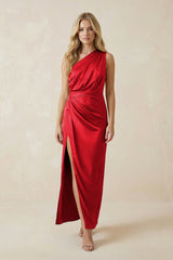 One - Shoulder Satin Ruched Sheath Bridesmaid Dress in Ruby Red - KISS BRIDAL Bridesmaid Dresses