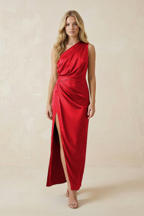 One - Shoulder Satin Ruched Sheath Bridesmaid Dress in Ruby Red - KISS BRIDAL Bridesmaid Dresses