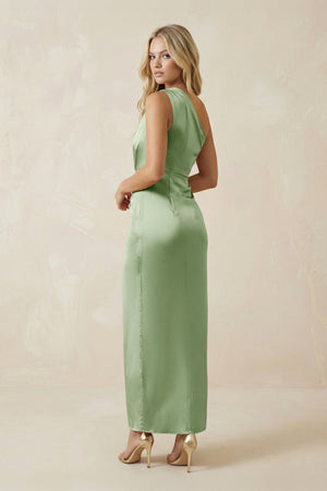One - Shoulder Satin Ruched Sheath Bridesmaid Dress in Sage - KISS BRIDAL Bridesmaid Dresses