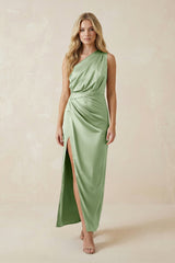One - Shoulder Satin Ruched Sheath Bridesmaid Dress in Sage - KISS BRIDAL Bridesmaid Dresses
