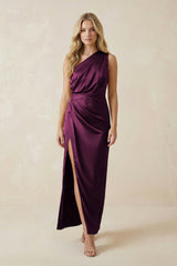 One - Shoulder Satin Ruched Sheath Bridesmaid Dress in Sangria - KISS BRIDAL Bridesmaid Dresses