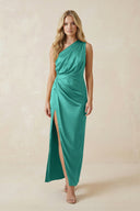 One - Shoulder Satin Ruched Sheath Bridesmaid Dress in Sea Glass - KISS BRIDAL Bridesmaid Dresses