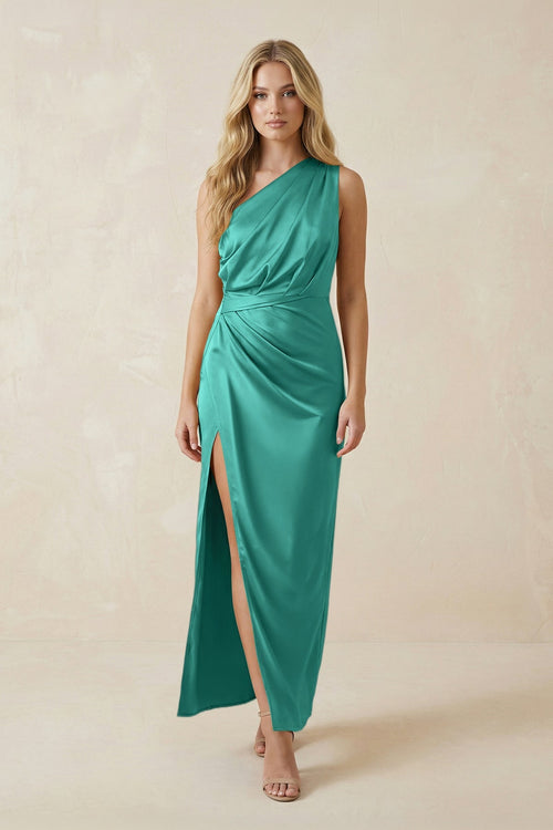 One - Shoulder Satin Ruched Sheath Bridesmaid Dress in Sea Glass - KISS BRIDAL Bridesmaid Dresses