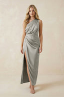 One - Shoulder Satin Ruched Sheath Bridesmaid Dress in Silver - KISS BRIDAL Bridesmaid Dresses