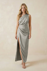 One - Shoulder Satin Ruched Sheath Bridesmaid Dress in Silver - KISS BRIDAL Bridesmaid Dresses