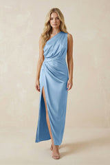 One - Shoulder Satin Ruched Sheath Bridesmaid Dress in Sky Blue - KISS BRIDAL Bridesmaid Dresses