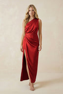 One - Shoulder Satin Ruched Sheath Bridesmaid Dress in Spice - KISS BRIDAL Bridesmaid Dresses