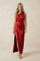 One - Shoulder Satin Ruched Sheath Bridesmaid Dress in Spice - KISS BRIDAL Bridesmaid Dresses
