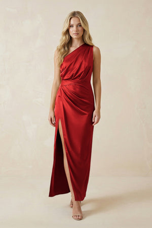 One - Shoulder Satin Ruched Sheath Bridesmaid Dress in Spice - KISS BRIDAL Bridesmaid Dresses