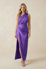 One - Shoulder Satin Ruched Sheath Bridesmaid Dress in Tahiti - KISS BRIDAL Bridesmaid Dresses