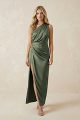One - Shoulder Satin Ruched Sheath Bridesmaid Dress in Thyme - KISS BRIDAL Bridesmaid Dresses