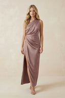 One - Shoulder Satin Ruched Sheath Bridesmaid Dress in Toffee - KISS BRIDAL Bridesmaid Dresses