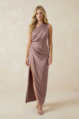 One - Shoulder Satin Ruched Sheath Bridesmaid Dress in Toffee - KISS BRIDAL Bridesmaid Dresses