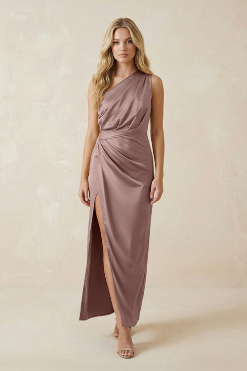 One - Shoulder Satin Ruched Sheath Bridesmaid Dress in Toffee - KISS BRIDAL Bridesmaid Dresses