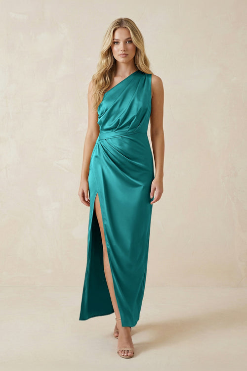 One - Shoulder Satin Ruched Sheath Bridesmaid Dress in Turquoise - KISS BRIDAL Bridesmaid Dresses