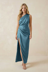 One - Shoulder Satin Ruched Sheath Bridesmaid Dress in Twilight - KISS BRIDAL Bridesmaid Dresses